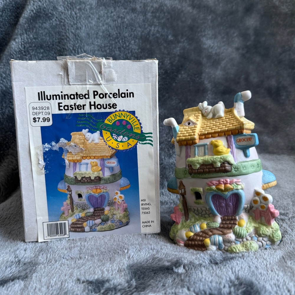 Vintage 1990s Bunnyville Gardens Grocery Illuminated Porcelain Easter House